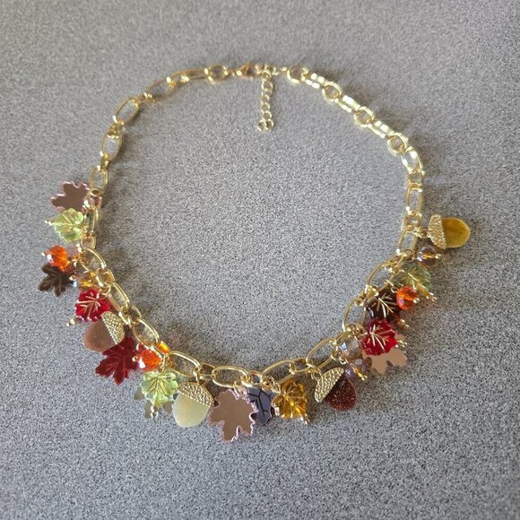 Fall Multi Gold Charms Necklace Maple Leaf Chestnut  with Autumn accents - Picture 4 of 4
